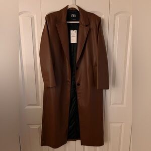 Zara Brown Faux Leather Long Coat NWT Size L | Quiet Luxury Trench Duster